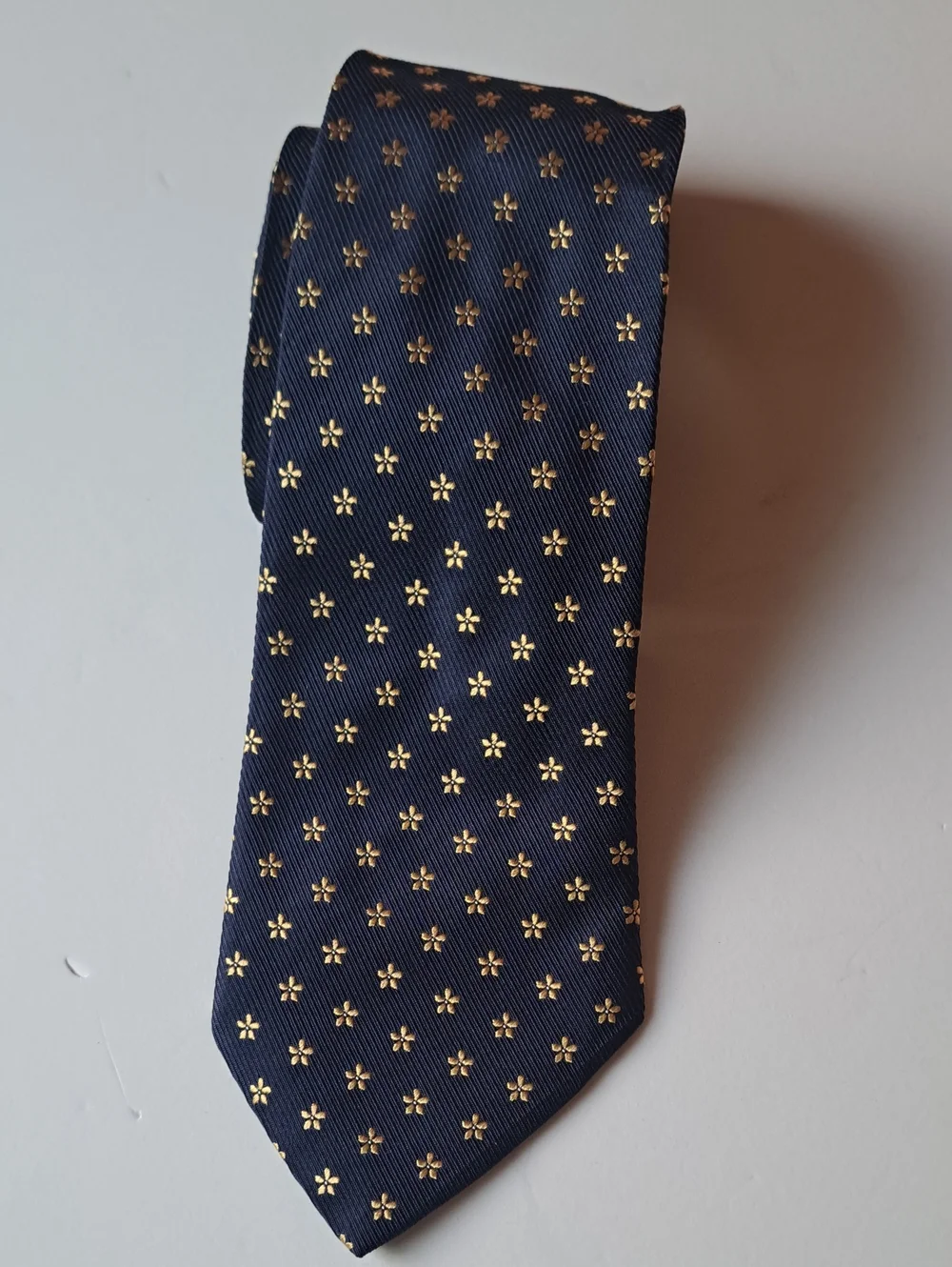 Barneys New York Navy Tie with Gold Floral Dots